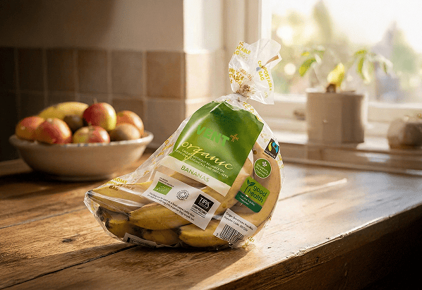 Fresh produce packaging bag for bananas with breathable film